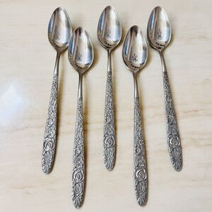5pc STANLEY ROBERTS SRB180 Stainless Floral Flatware Iced Teaspoon 7 1/8” VTG